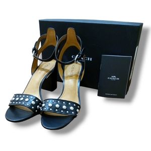 Coach Paige Silver Studded Black Open Toe Ankle Strap Block Heel Sandal 10